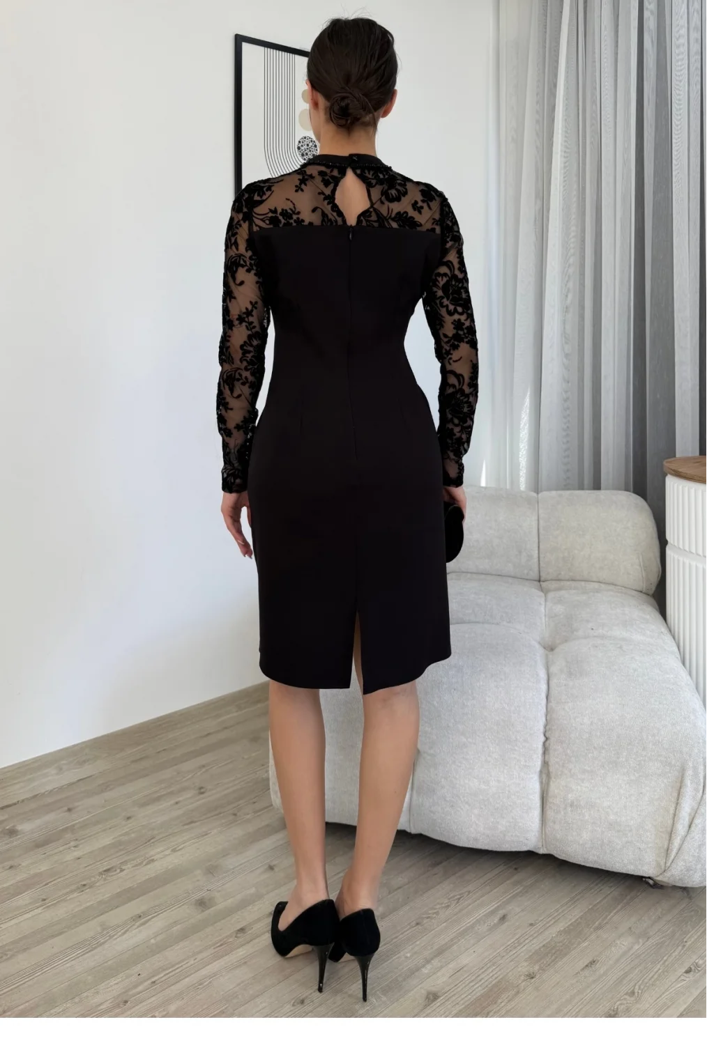 Flok Baskılı Boncuk İşlemeli Elbise 6023-Siyah