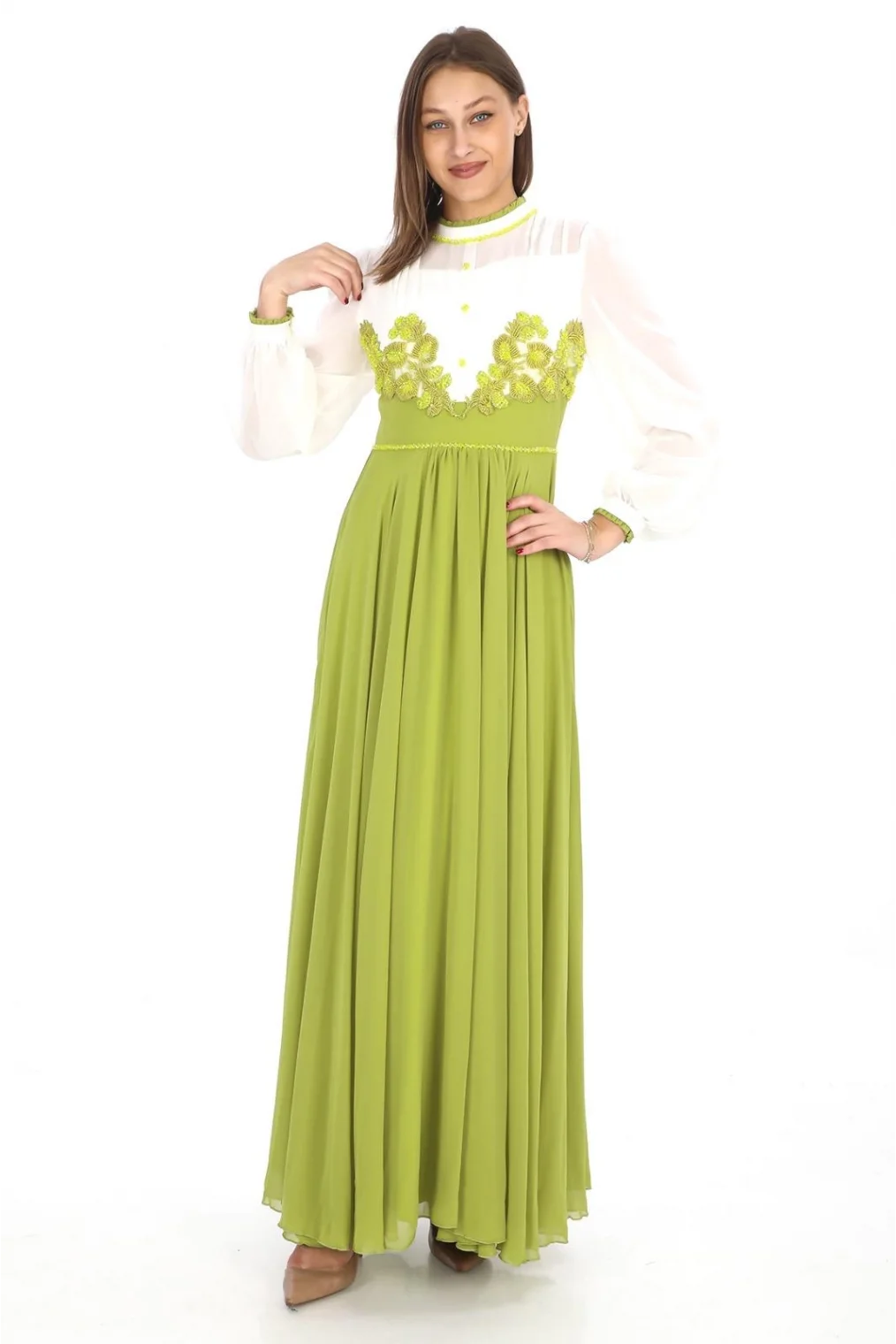 Göğüs Dantel İşlemeli Abiye Elbise 2702-Fıstık Yeşili