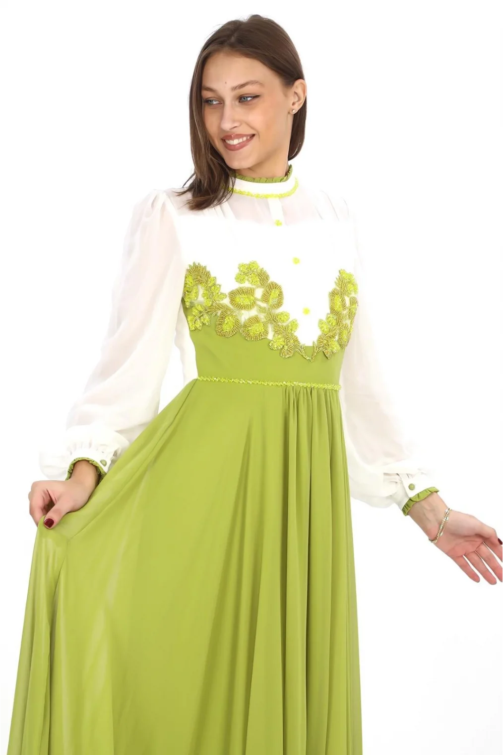 Göğüs Dantel İşlemeli Abiye Elbise 2702-Fıstık Yeşili