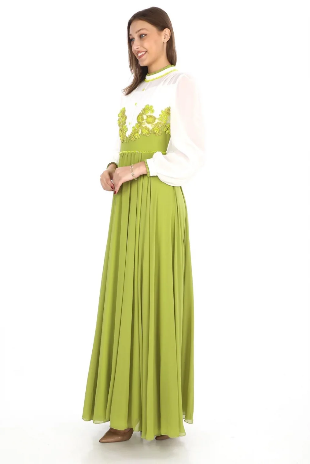 Göğüs Dantel İşlemeli Abiye Elbise 2702-Fıstık Yeşili