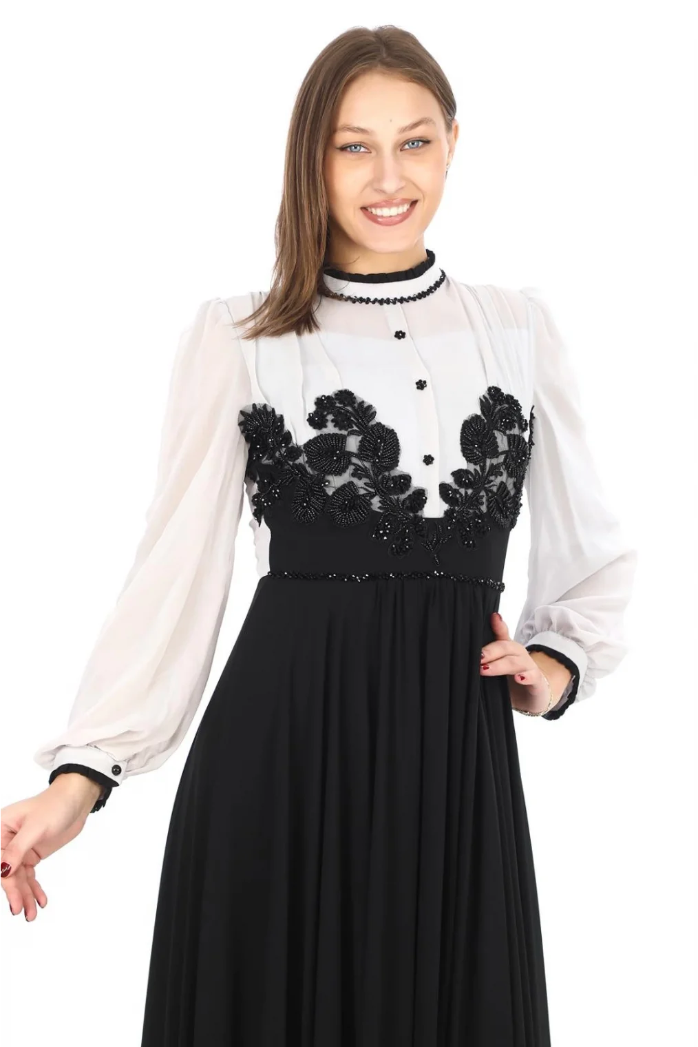 Göğüs Dantel İşlemeli Abiye Elbise 2702-Gri