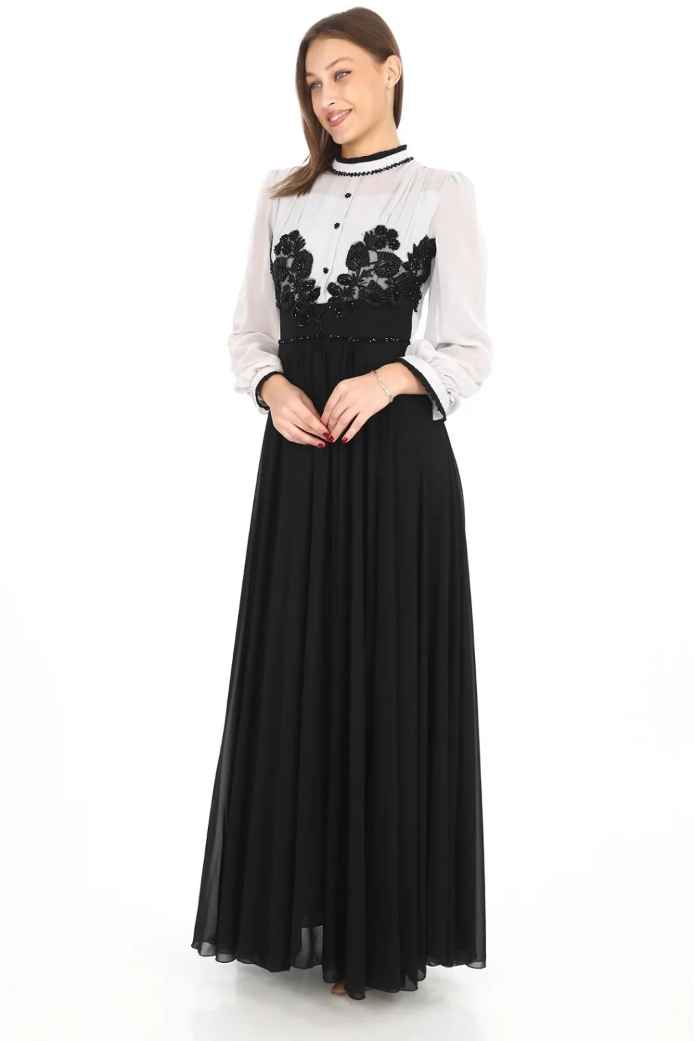 Göğüs Dantel İşlemeli Abiye Elbise 2702-Gri