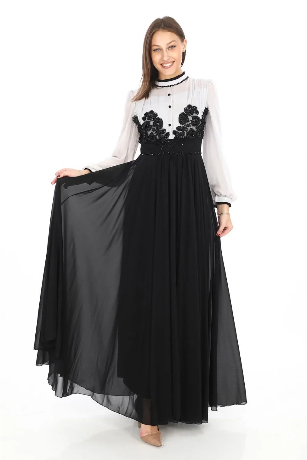 Göğüs Dantel İşlemeli Abiye Elbise 2702-Gri