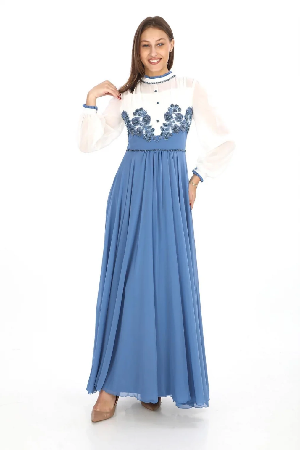 Göğüs Dantel İşlemeli Abiye Elbise 2702-İndigo