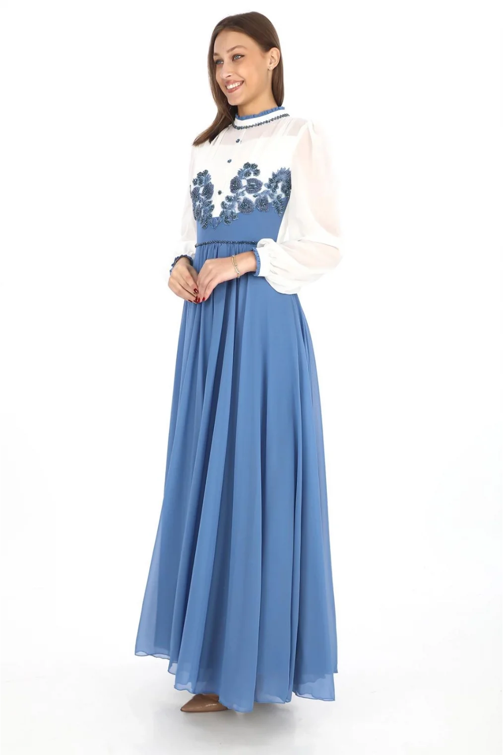 Göğüs Dantel İşlemeli Abiye Elbise 2702-İndigo