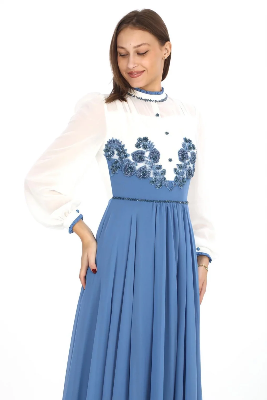 Göğüs Dantel İşlemeli Abiye Elbise 2702-İndigo