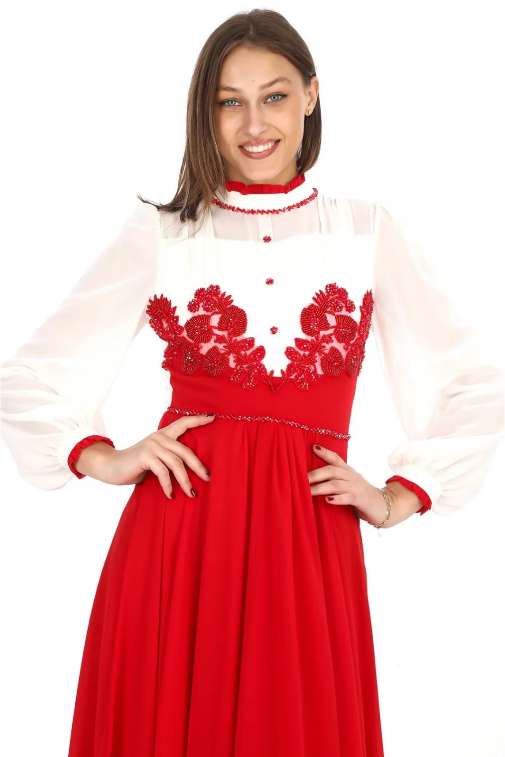 Göğüs Dantel İşlemeli Abiye Elbise 2702-Kırmızı