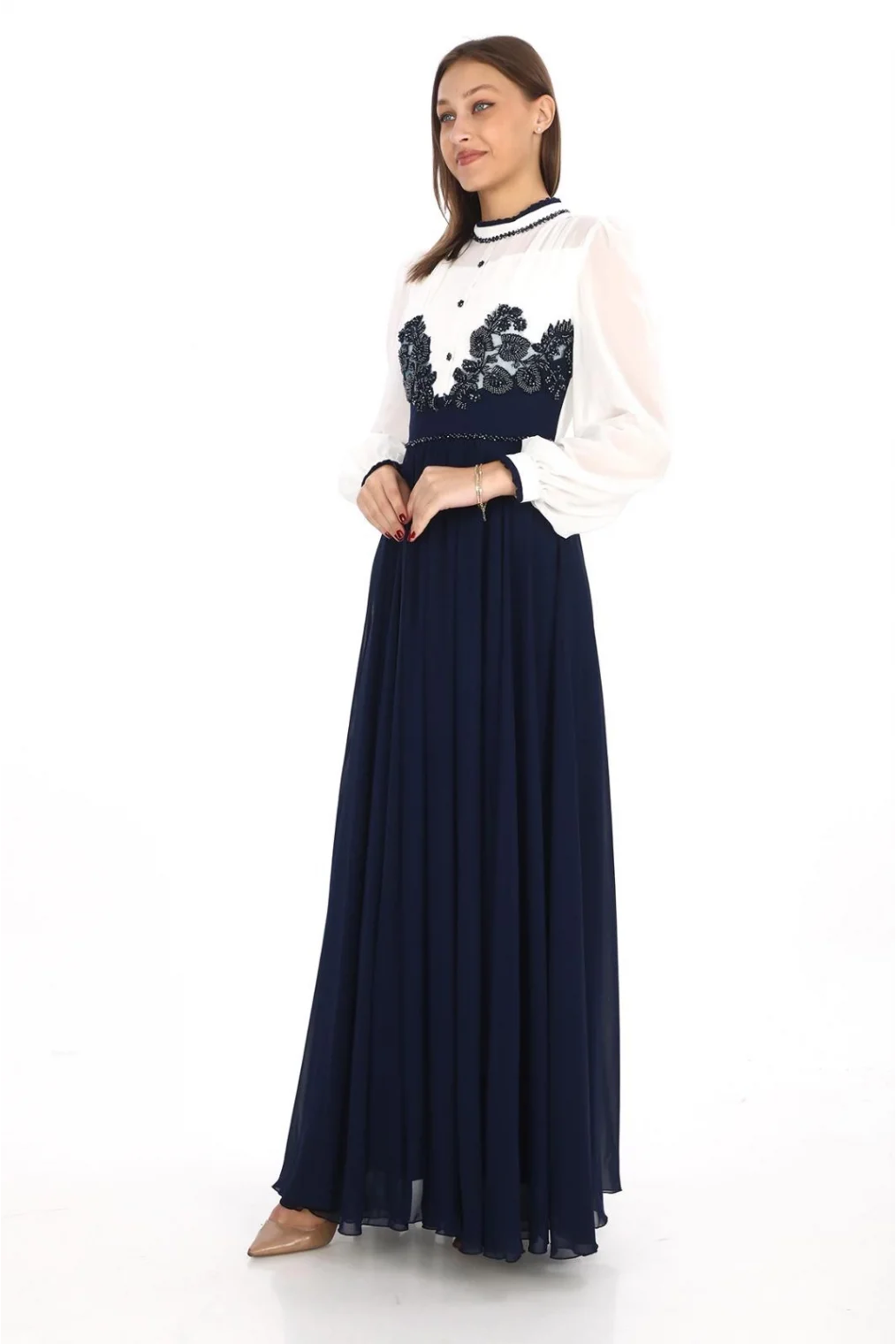 Göğüs Dantel İşlemeli Abiye Elbise 2702-Lacivert