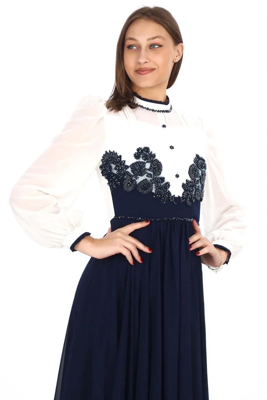 Göğüs Dantel İşlemeli Abiye Elbise 2702-Lacivert