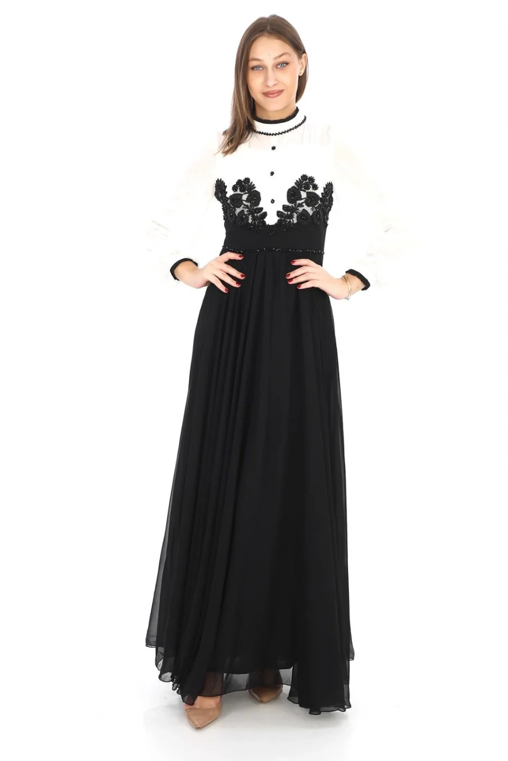 Göğüs Dantel İşlemeli Abiye Elbise 2702-Siyah