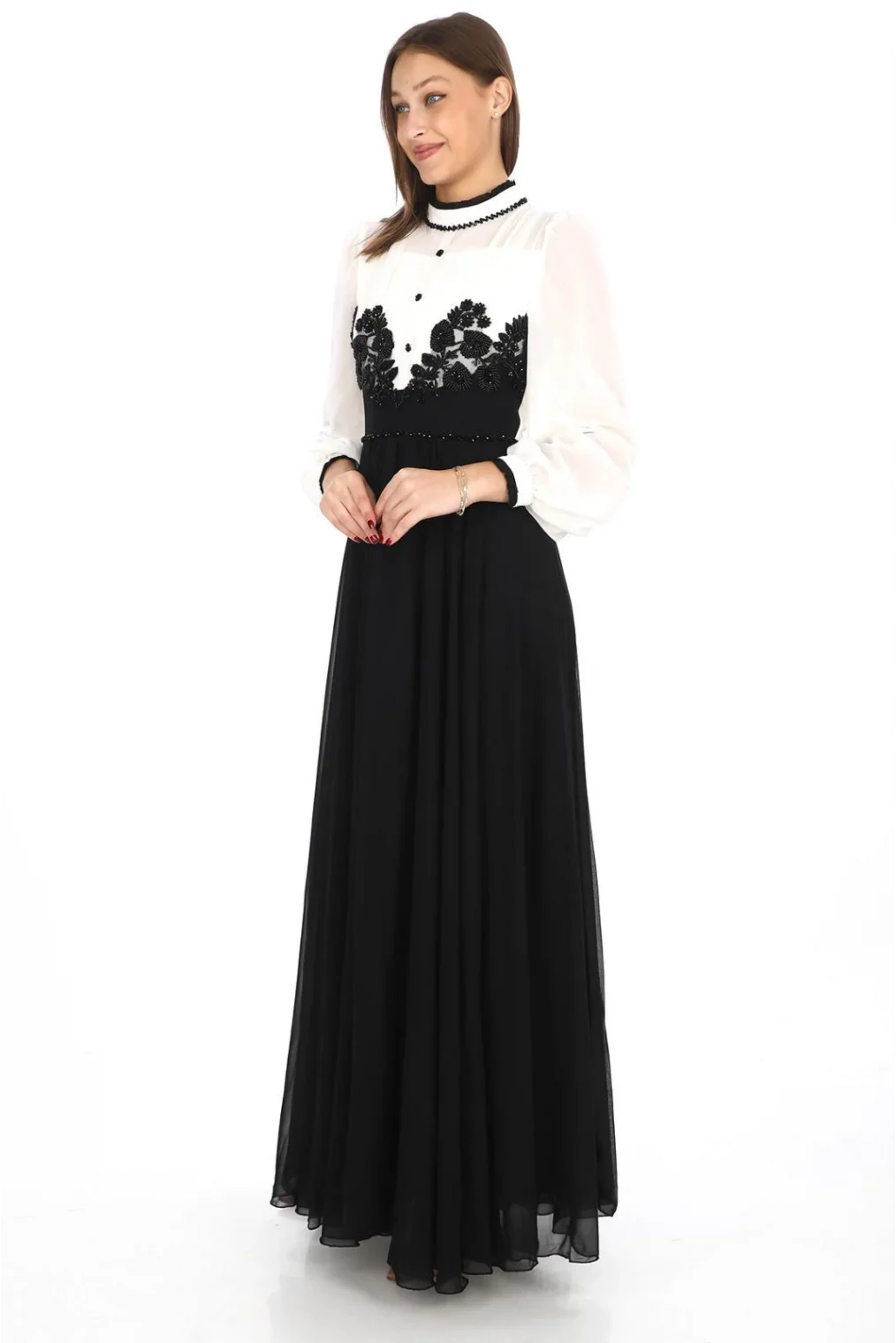 Göğüs Dantel İşlemeli Abiye Elbise 2702-Siyah