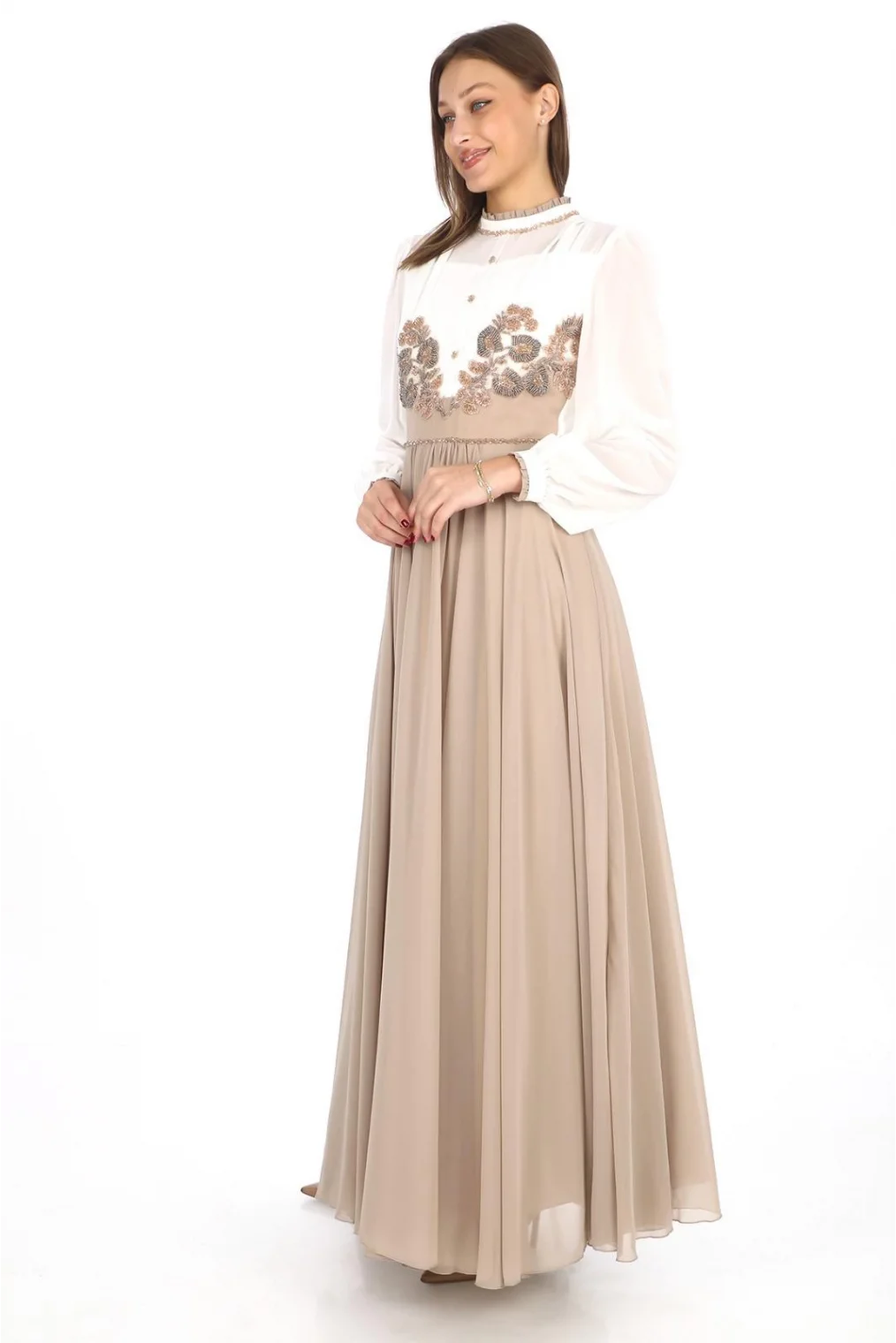 Göğüs Dantel İşlemeli Abiye Elbise 2702-Vizon