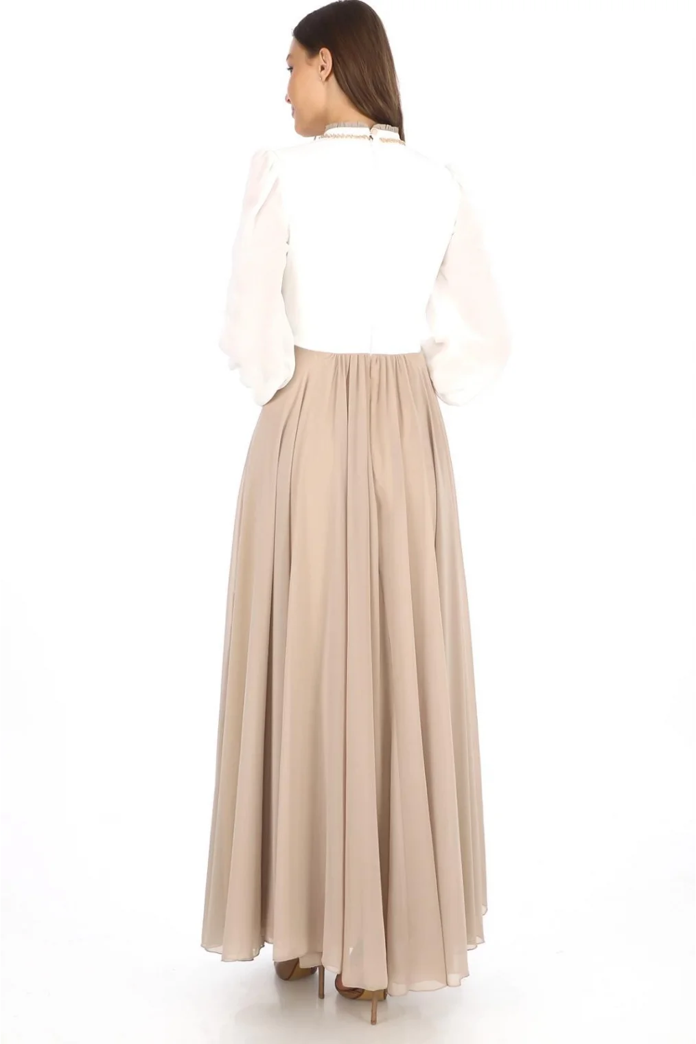 Göğüs Dantel İşlemeli Abiye Elbise 2702-Vizon