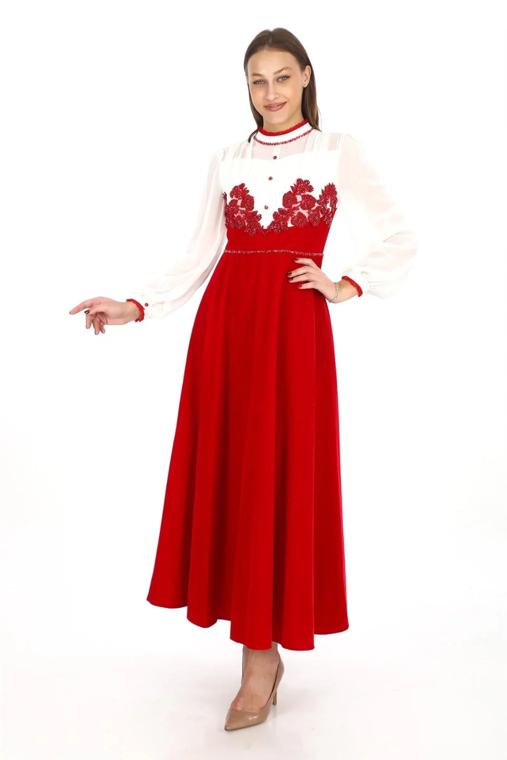 Göğüs Dantel İşlemeli Kadife Abiye 2743-Kırmızı