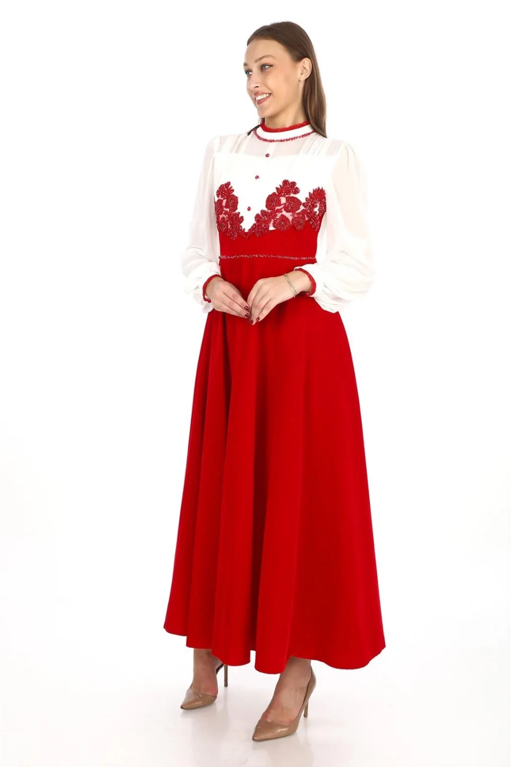 Göğüs Dantel İşlemeli Kadife Abiye 2743-Kırmızı