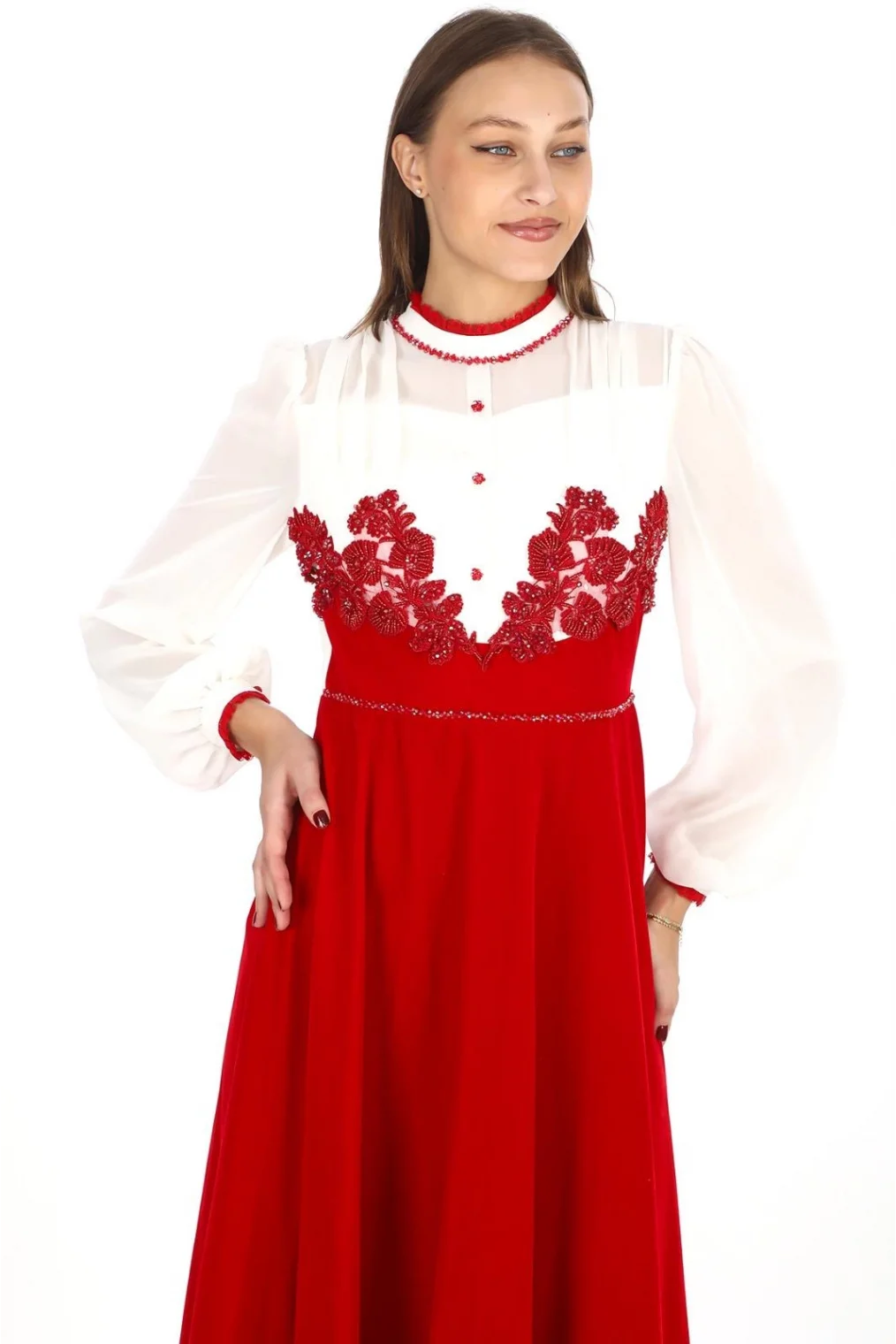 Göğüs Dantel İşlemeli Kadife Abiye 2743-Kırmızı