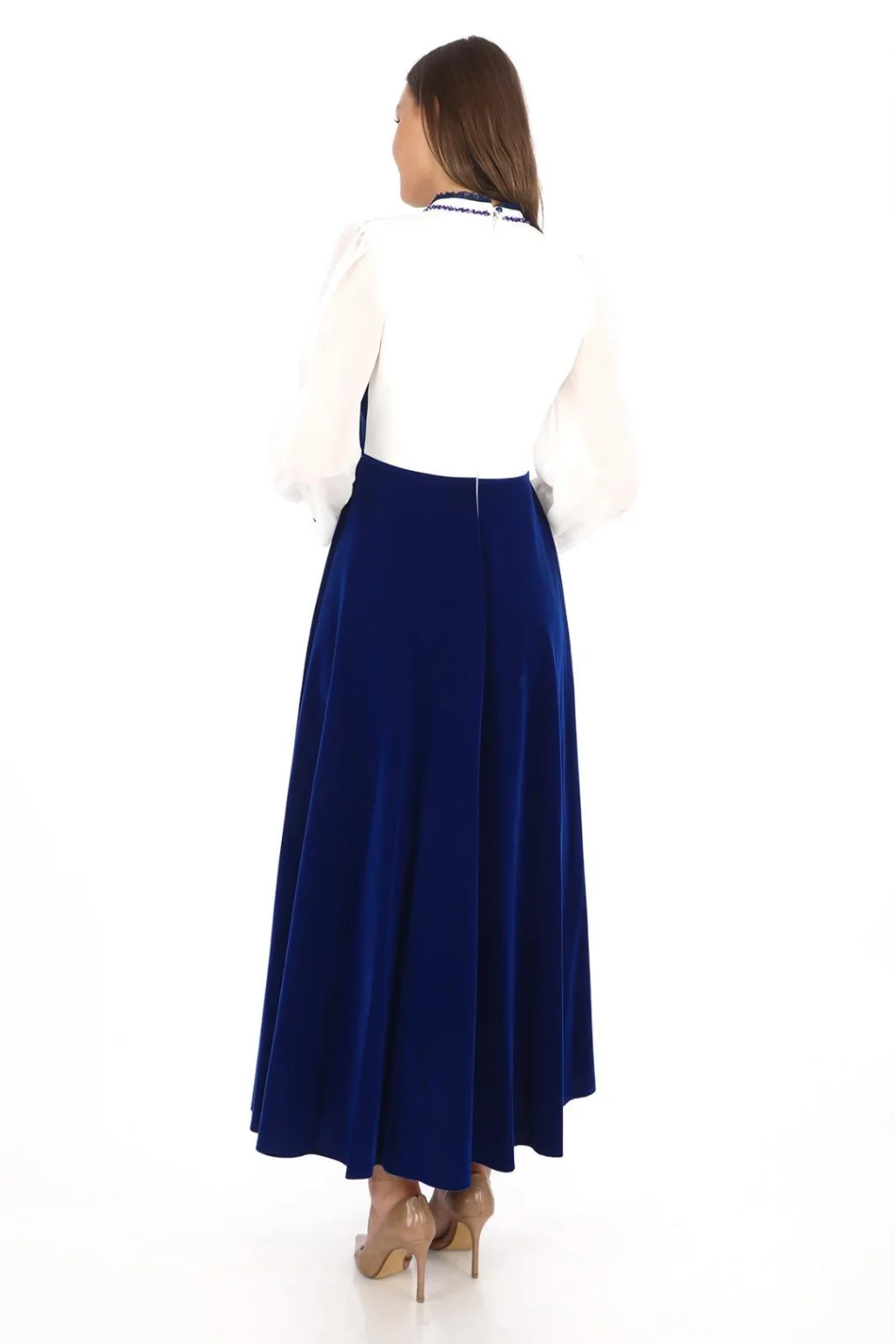 Göğüs Dantel İşlemeli Kadife Abiye 2743-Saks