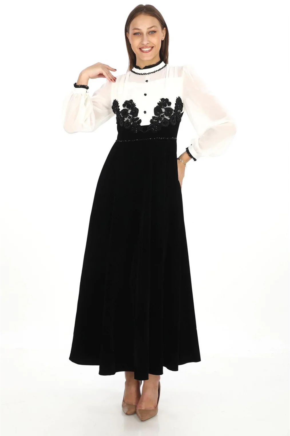 Göğüs Dantel İşlemeli Kadife Abiye 2743-Siyah