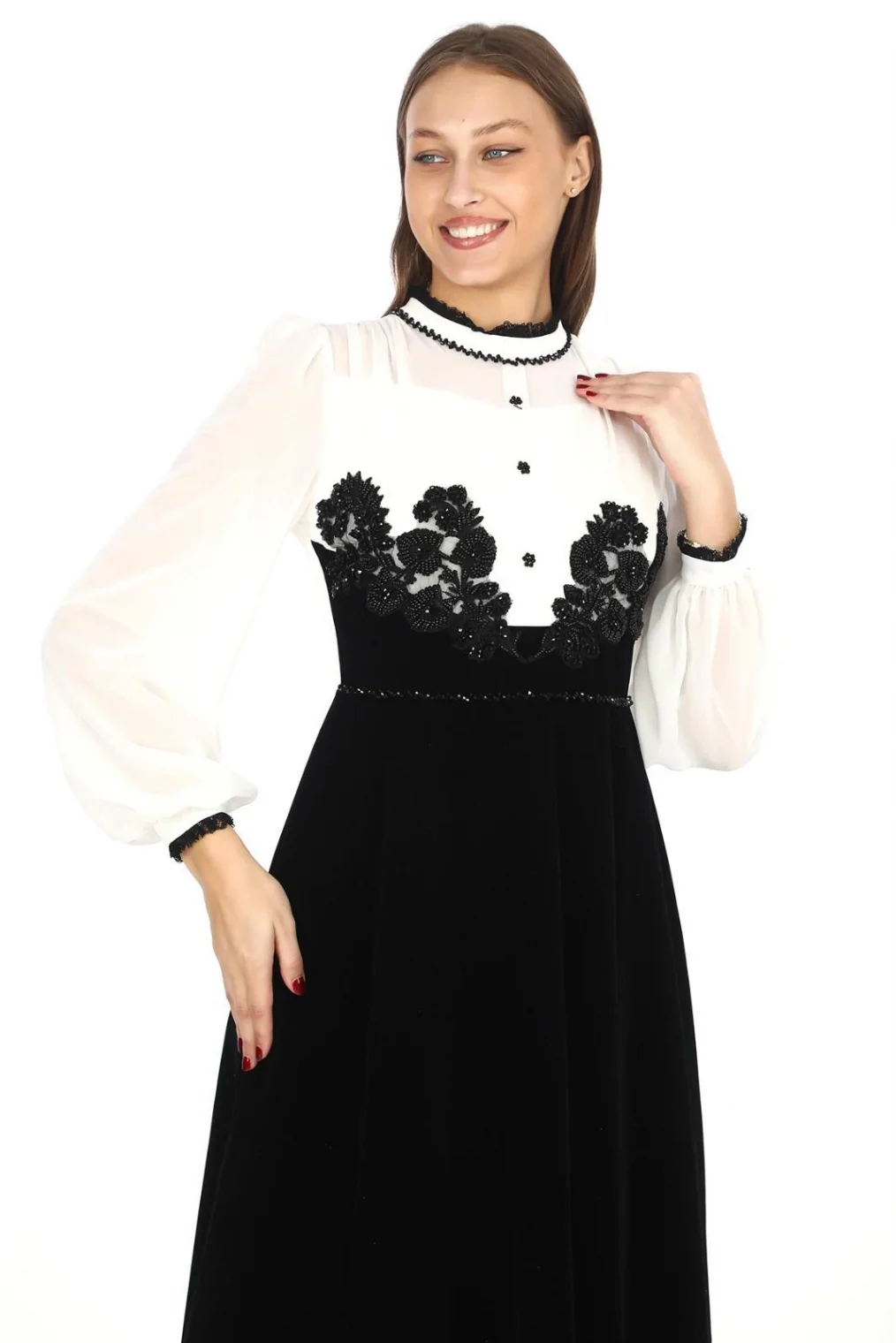 Göğüs Dantel İşlemeli Kadife Abiye 2743-Siyah