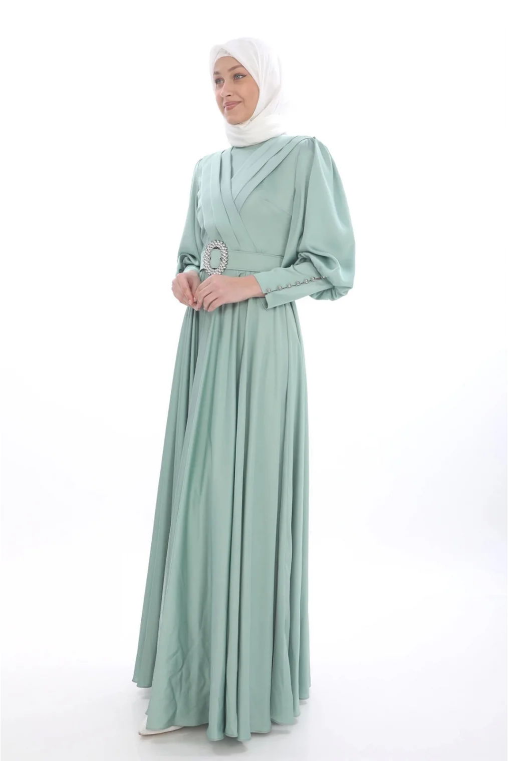 Göğüs Detaylı Saten Elbise 696-Çağla