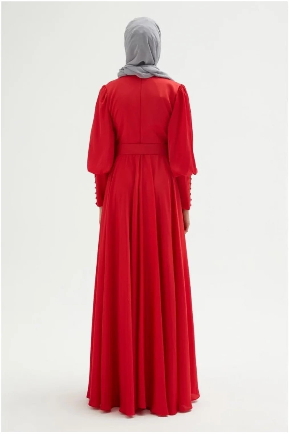 Göğüs Detaylı Saten Elbise 696-Kırmızı