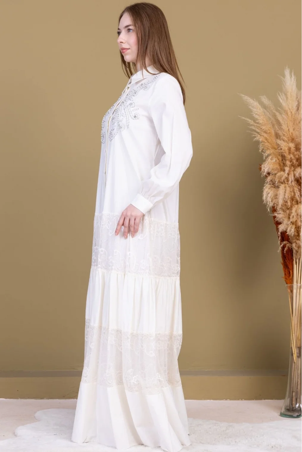 Göğüs İşleme Detaylı Pamuklu Elbise 2703-Beyaz