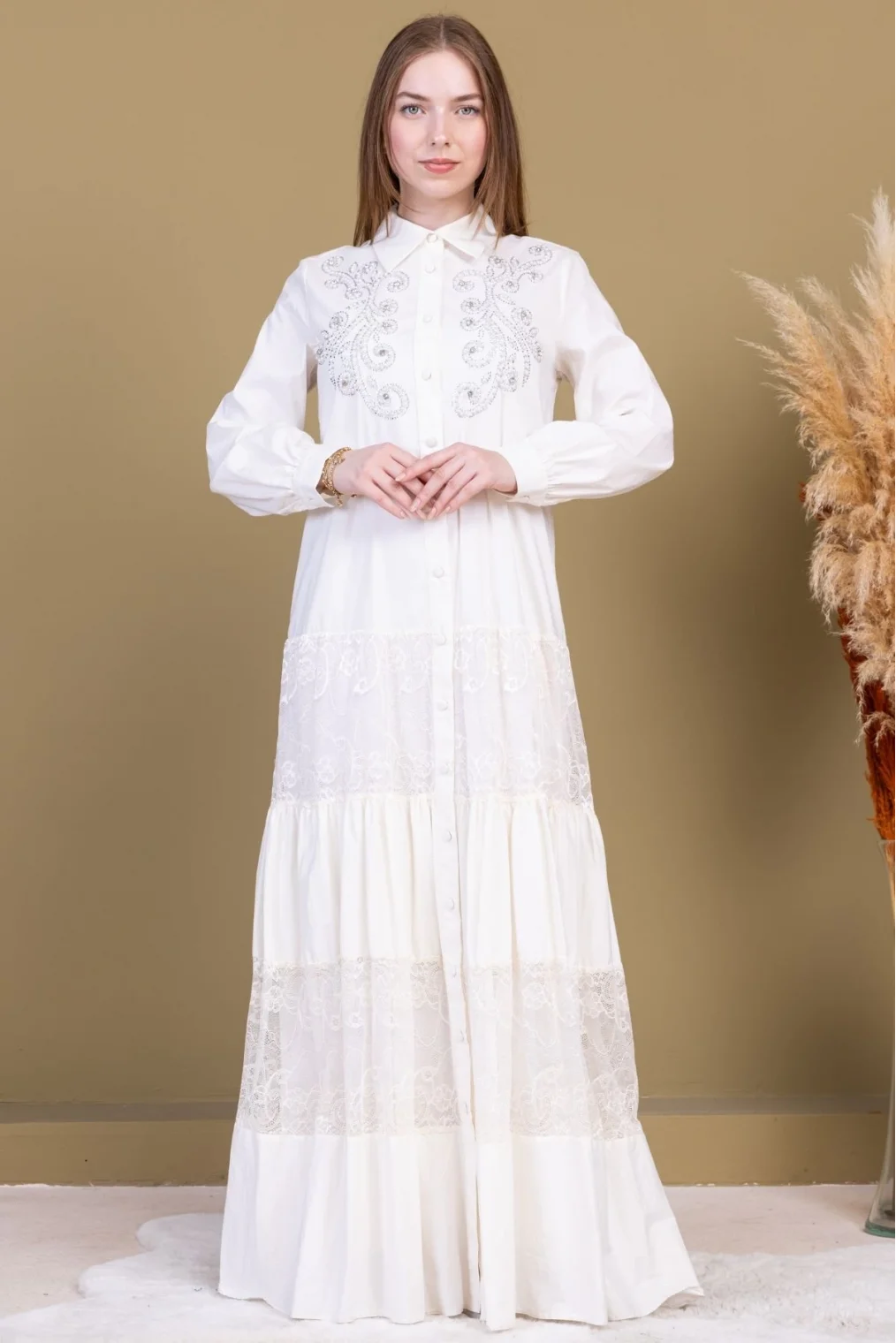 Göğüs İşleme Detaylı Pamuklu Elbise 2703-Beyaz