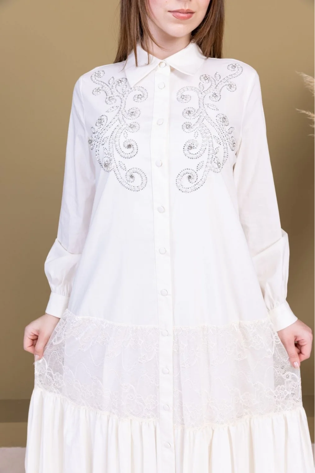 Göğüs İşleme Detaylı Pamuklu Elbise 2703-Beyaz