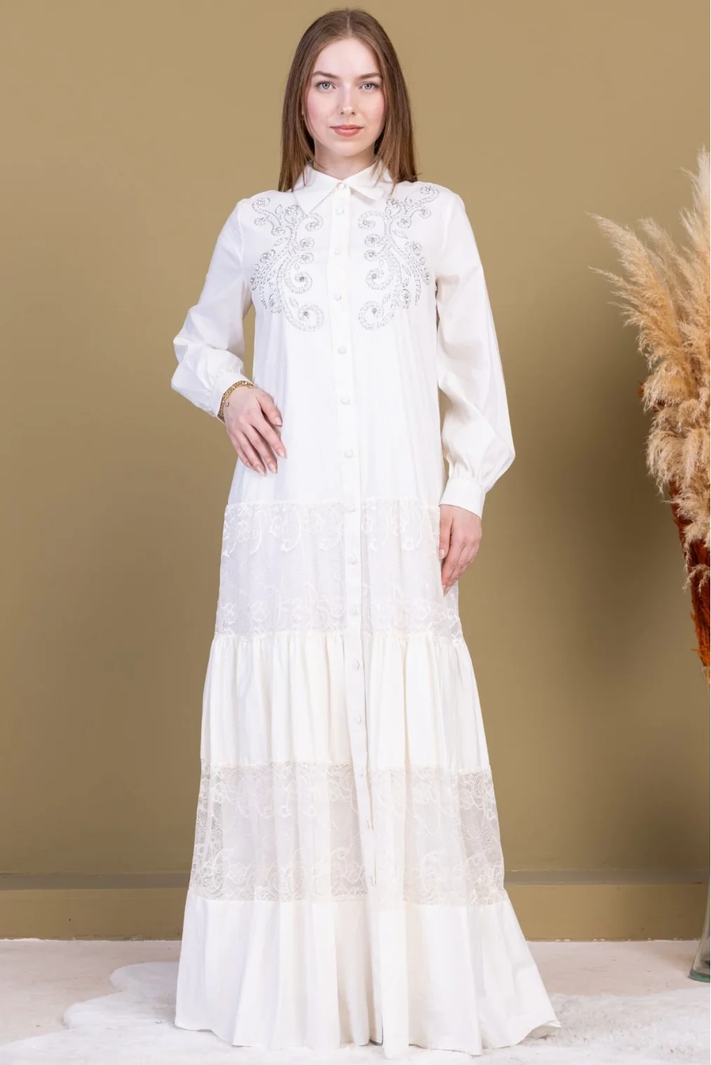 Göğüs İşleme Detaylı Pamuklu Elbise 2703-Beyaz