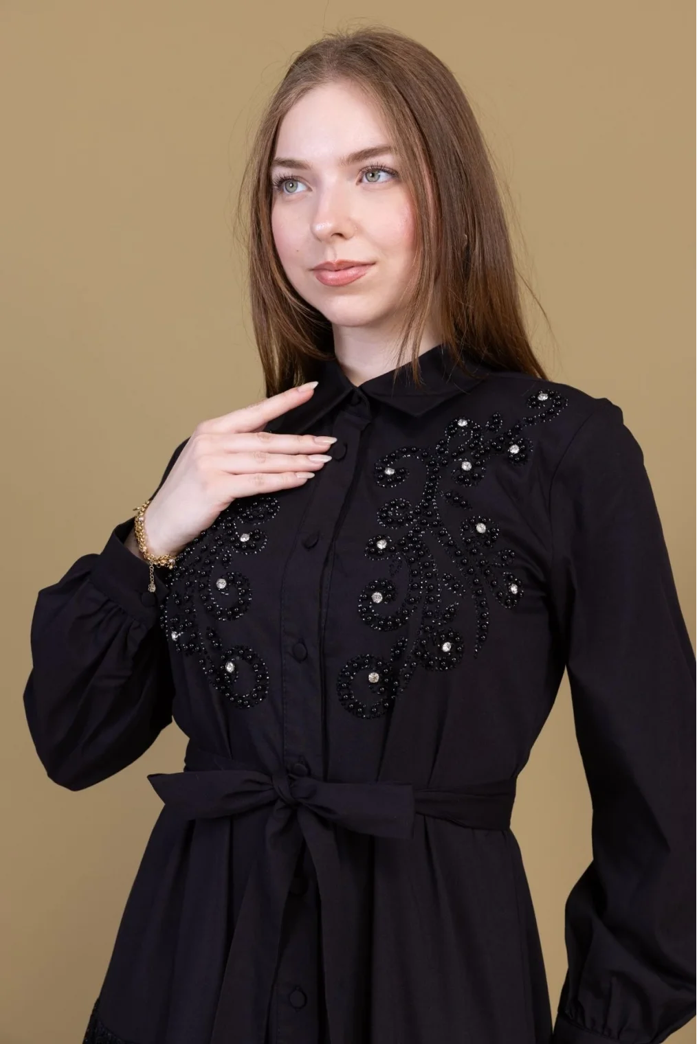 Göğüs İşleme Detaylı Pamuklu Elbise 2703-Siyah