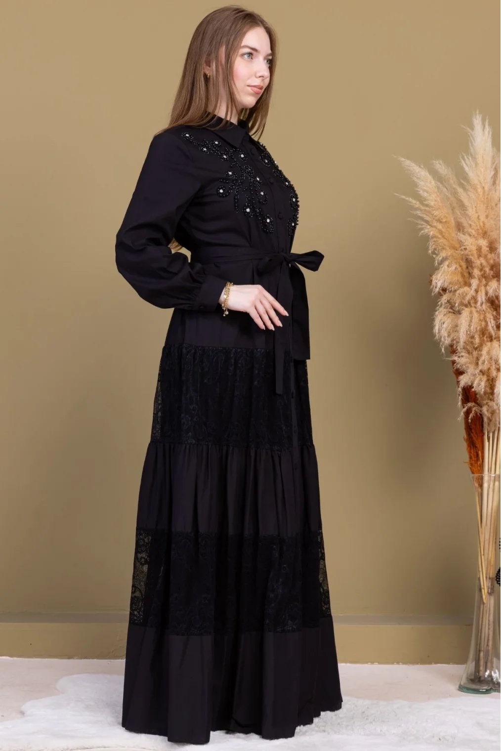 Göğüs İşleme Detaylı Pamuklu Elbise 2703-Siyah