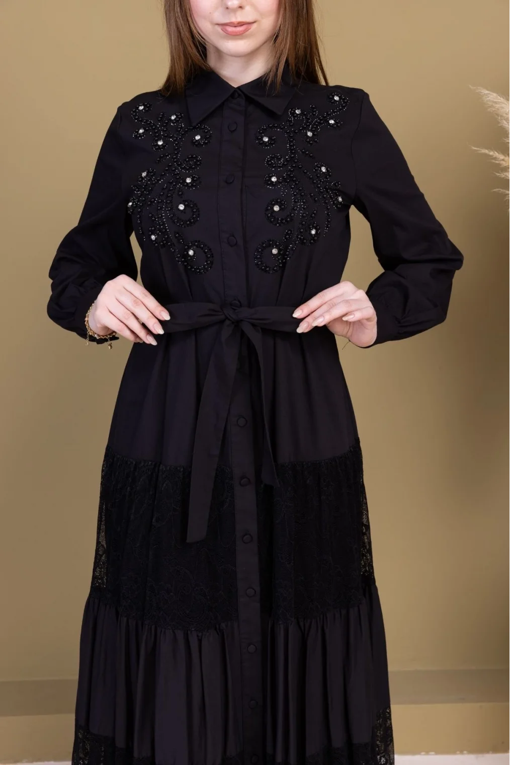 Göğüs İşleme Detaylı Pamuklu Elbise 2703-Siyah