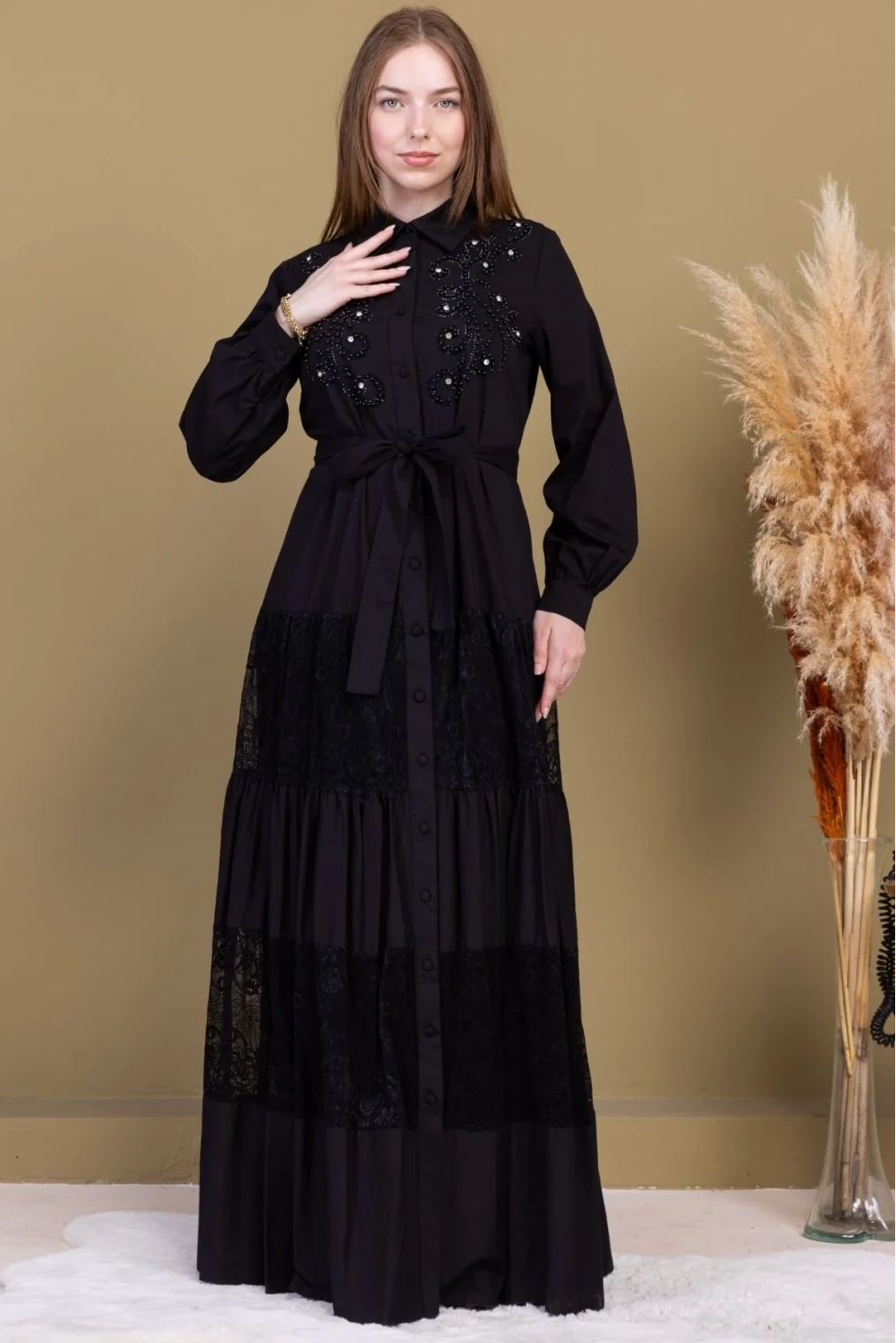 Göğüs İşleme Detaylı Pamuklu Elbise 2703-Siyah