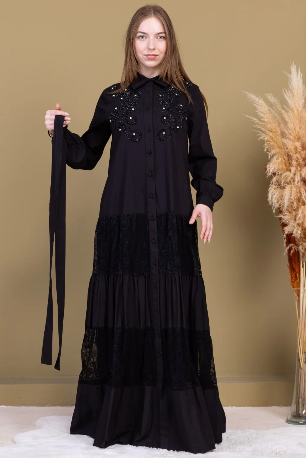 Göğüs İşleme Detaylı Pamuklu Elbise 2703-Siyah