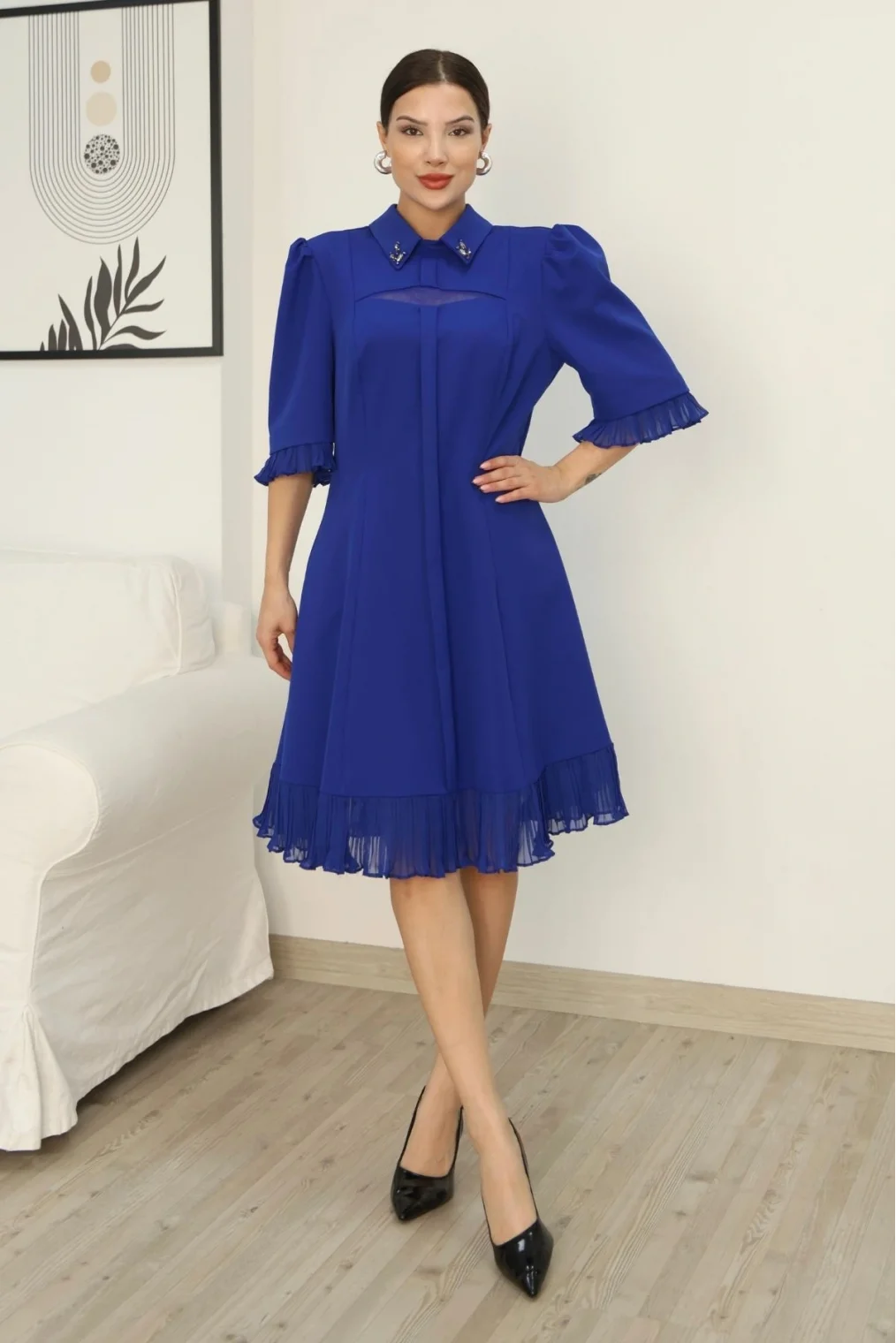 Gömlek Yaka Fırfır ve Tül Detaylı Elbise 2309-Saks