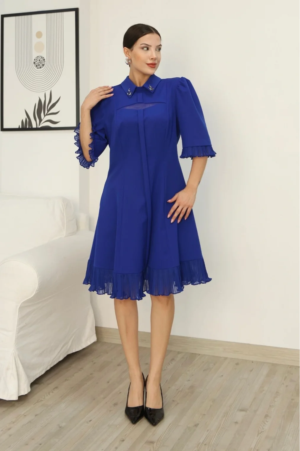 Gömlek Yaka Fırfır ve Tül Detaylı Elbise 2309-Saks