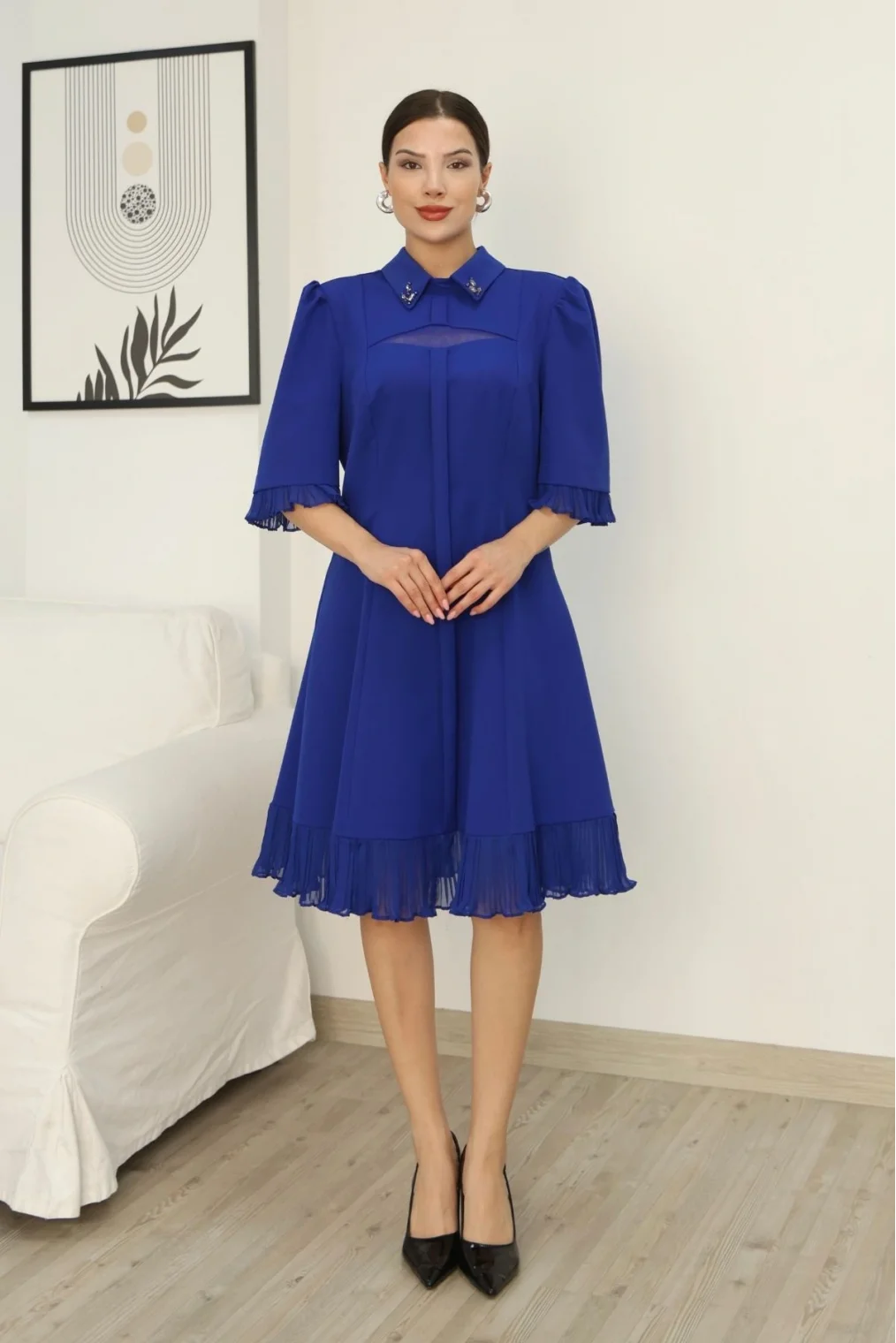 Gömlek Yaka Fırfır ve Tül Detaylı Elbise 2309-Saks