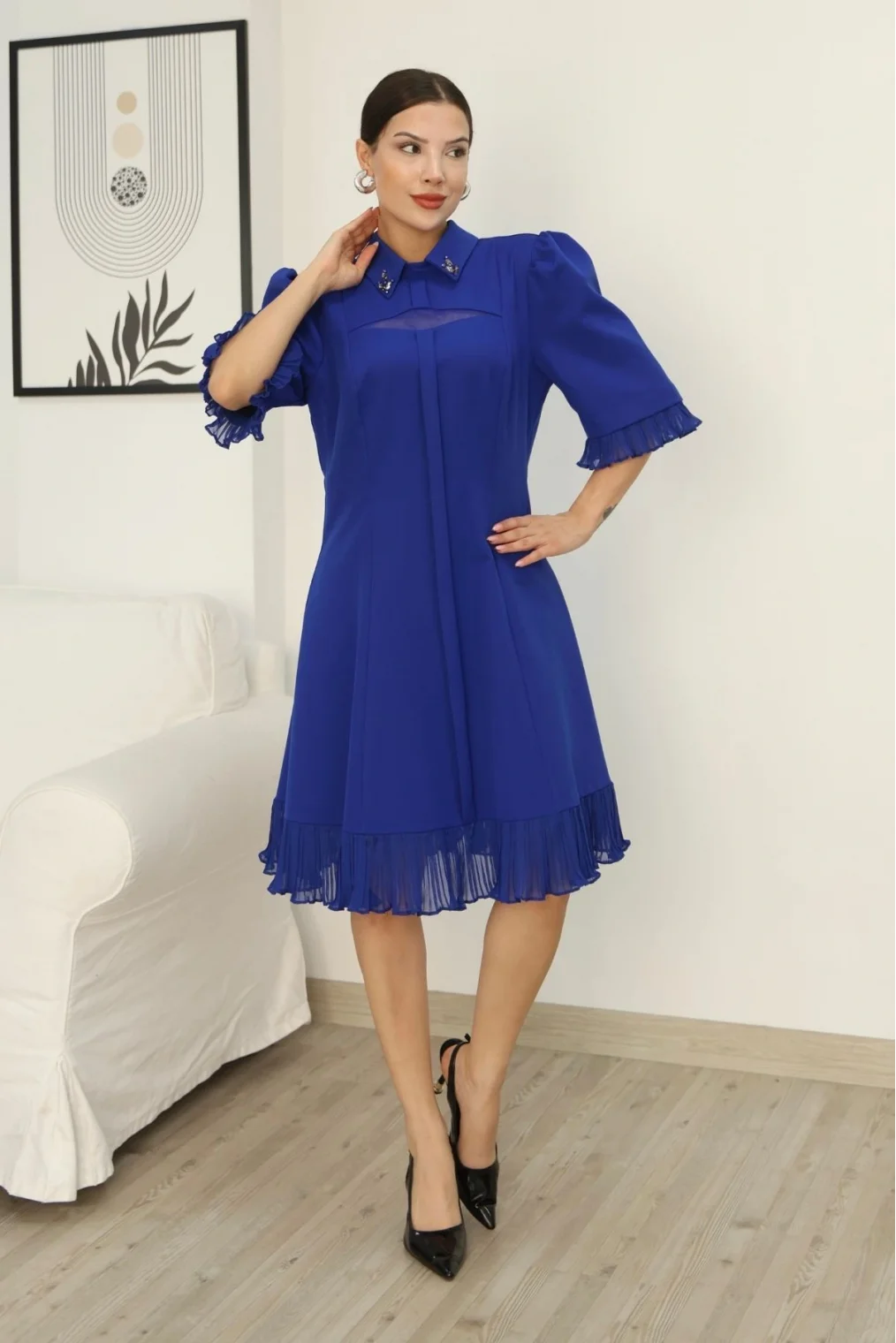 Gömlek Yaka Fırfır ve Tül Detaylı Elbise 2309-Saks