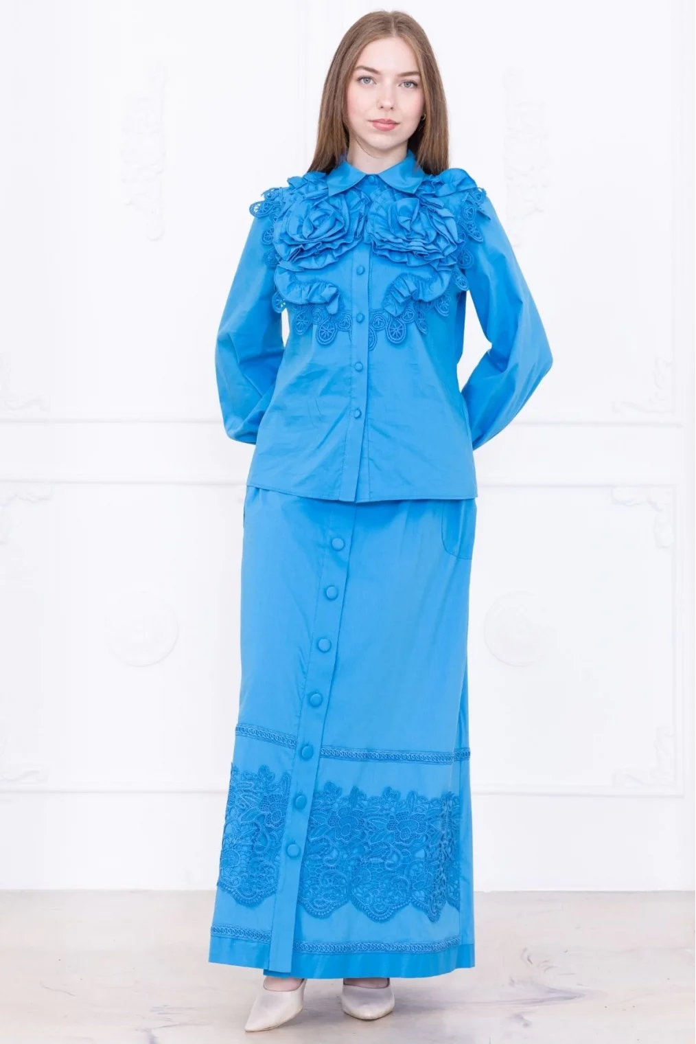 Güllü Tasarım ve Dantel Detaylı Pamuk İkili Takım 4710-Mavi