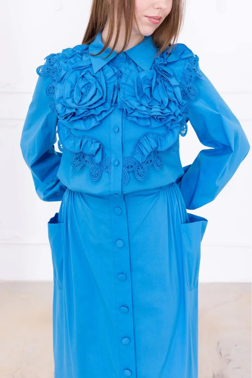 Güllü Tasarım ve Dantel Detaylı Pamuk İkili Takım 4710-Mavi