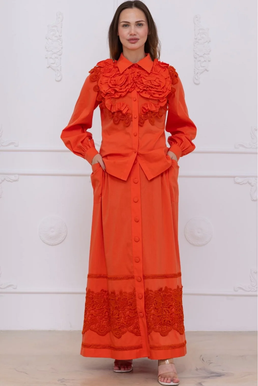 Güllü Tasarım ve Dantel Detaylı Pamuk İkili Takım 4710-Oranj