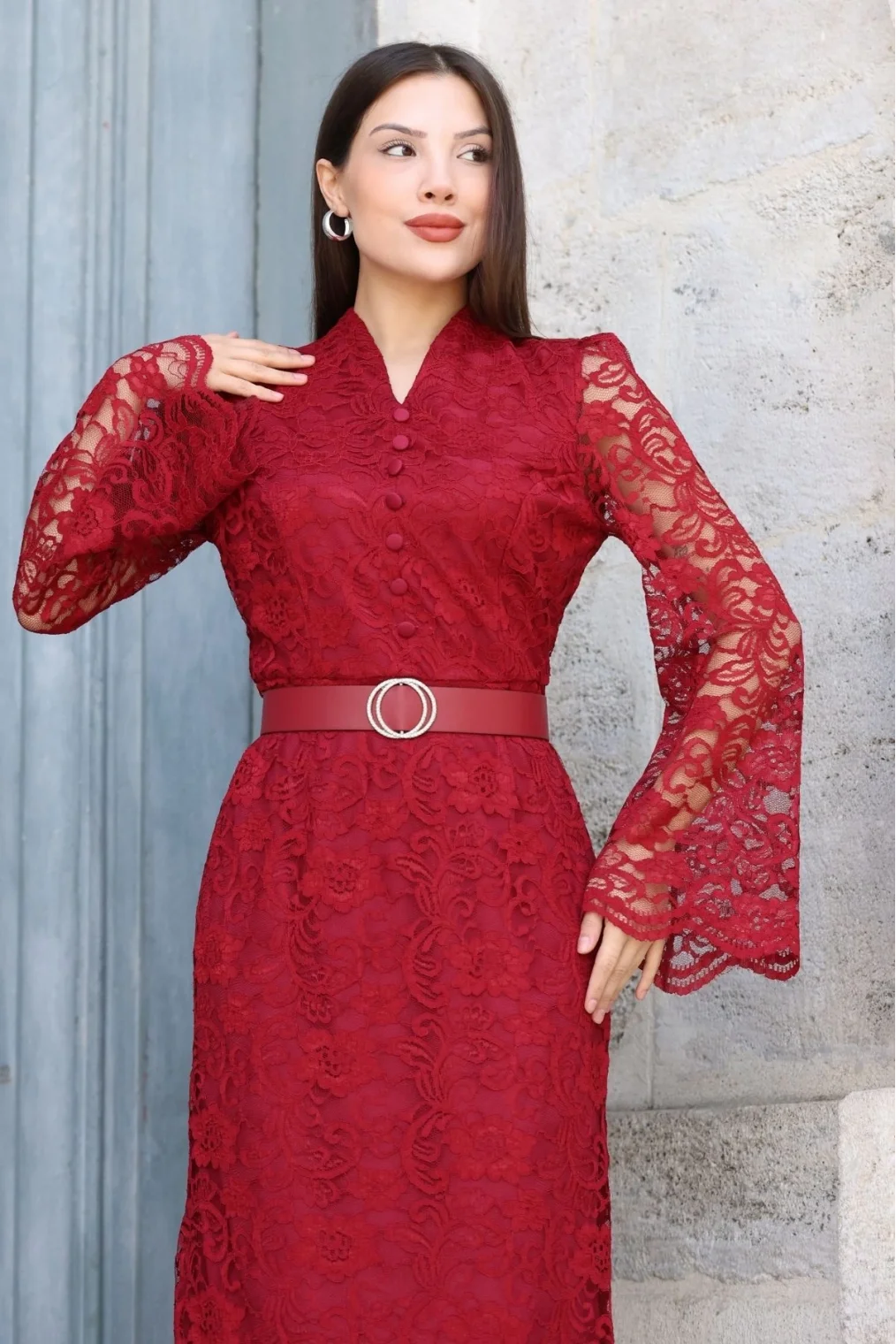 Hakim Yaka Kemerli Dantel Maxi Abiye Elbise 6032-Bordo