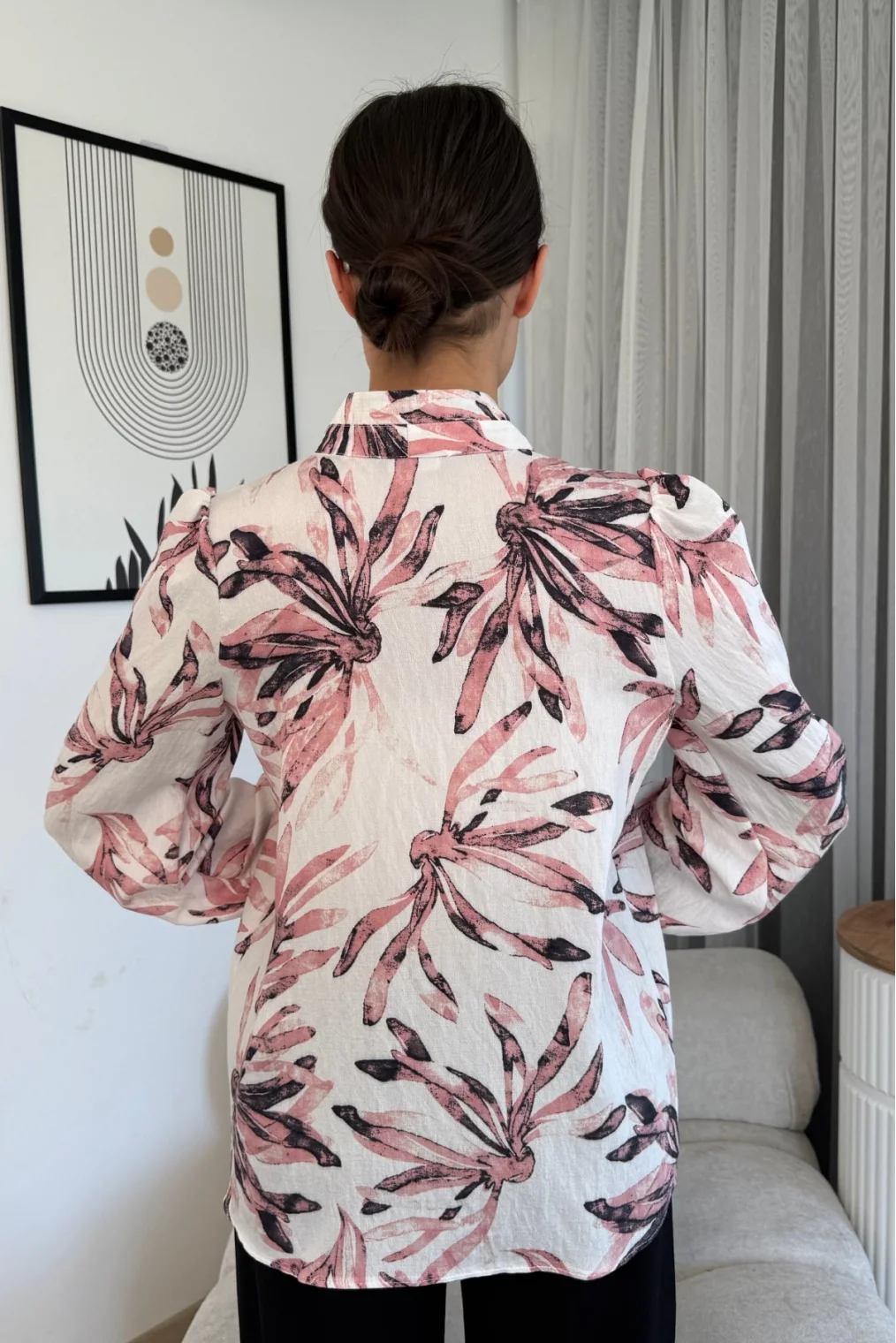 Hakim Yaka Viskon Bluz 6008-Beyaz/Pudra