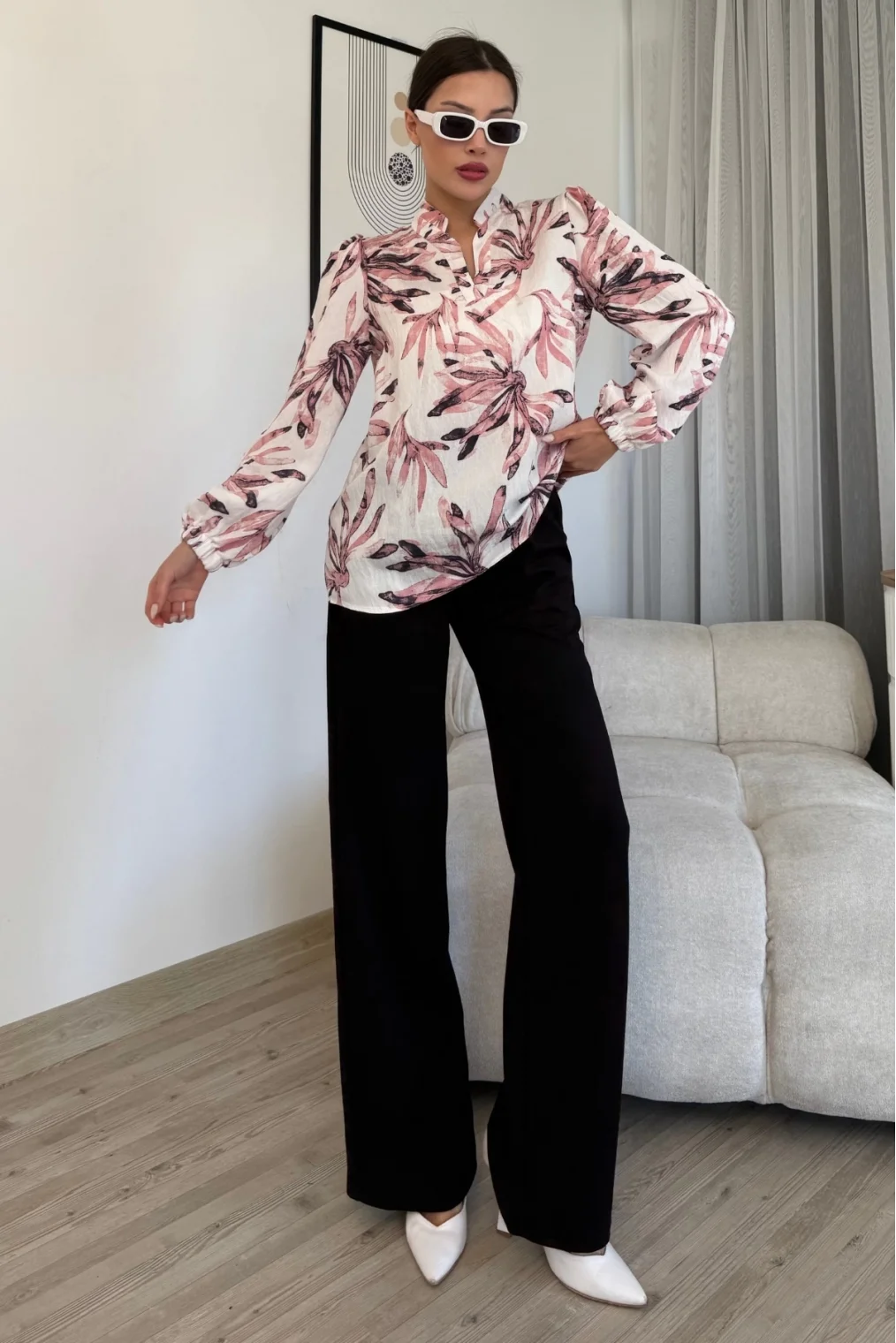 Hakim Yaka Viskon Bluz 6008-Beyaz/Pudra