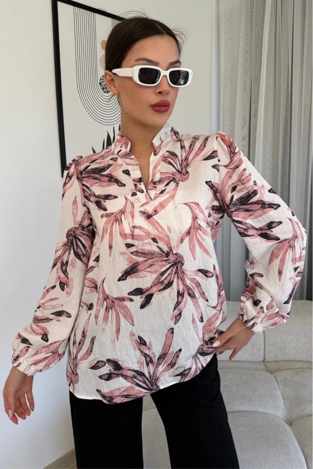 Hakim Yaka Viskon Bluz 6008-Beyaz/Pudra