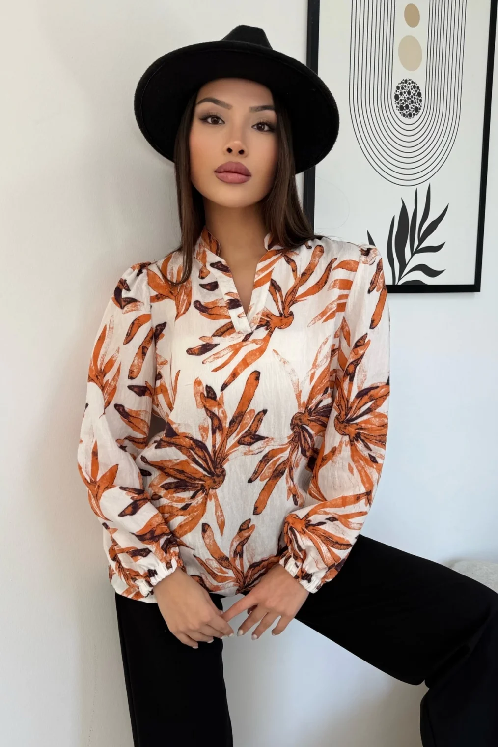 Hakim Yaka Viskon Bluz 6008-Beyaz/Turuncu