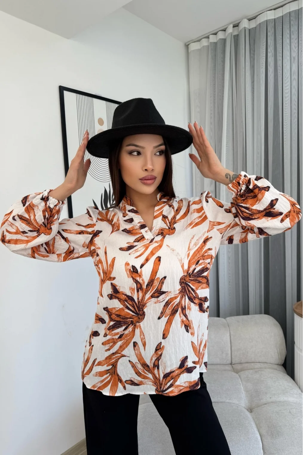 Hakim Yaka Viskon Bluz 6008-Beyaz/Turuncu