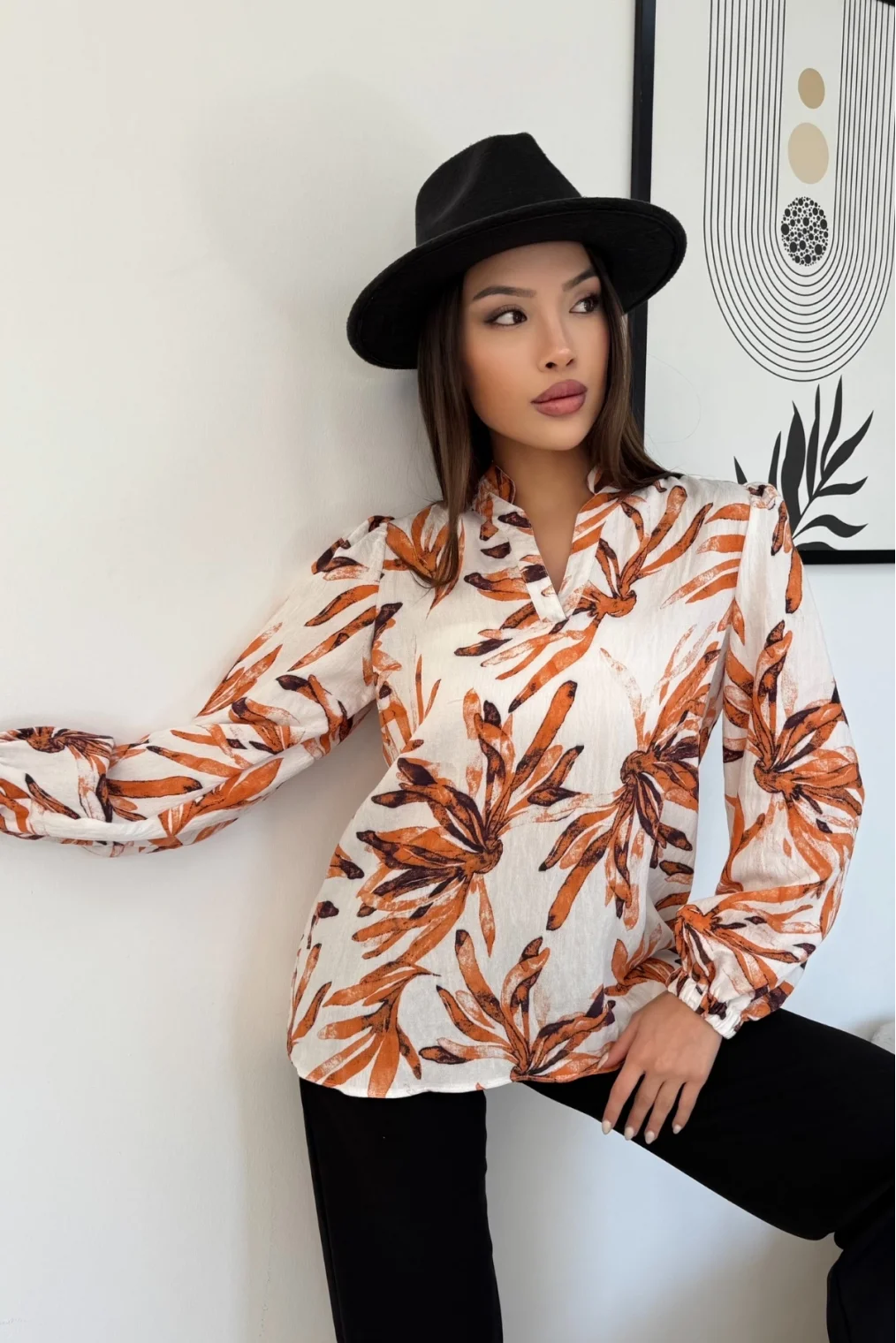 Hakim Yaka Viskon Bluz 6008-Beyaz/Turuncu