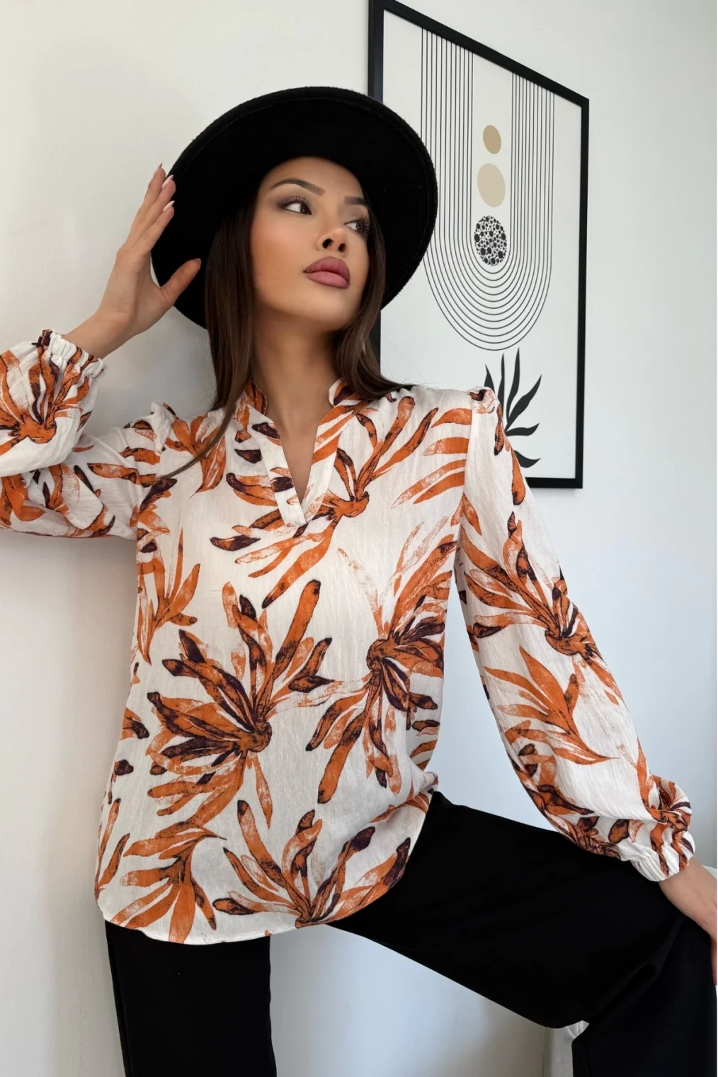 Hakim Yaka Viskon Bluz 6008-Beyaz/Turuncu