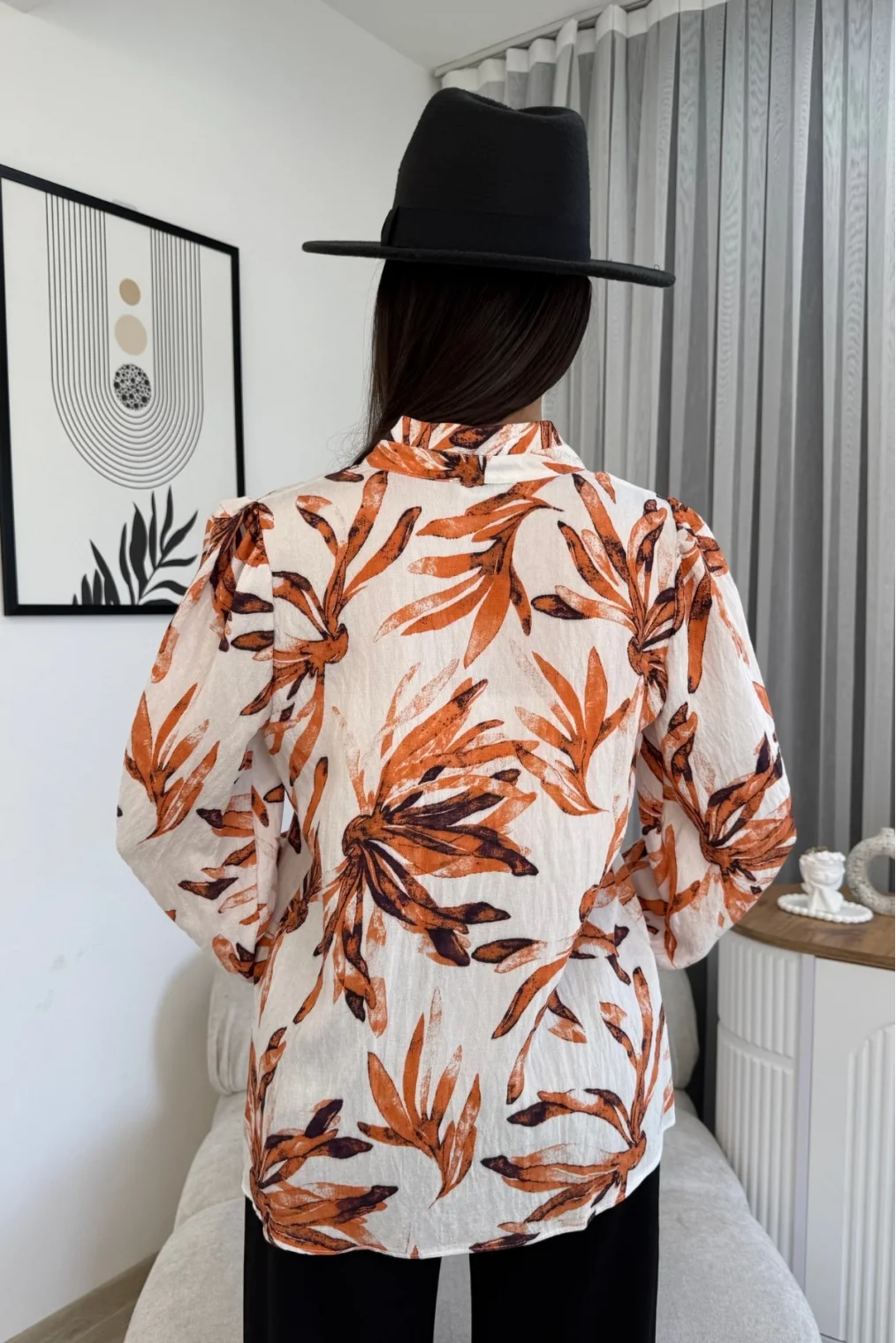 Hakim Yaka Viskon Bluz 6008-Beyaz/Turuncu